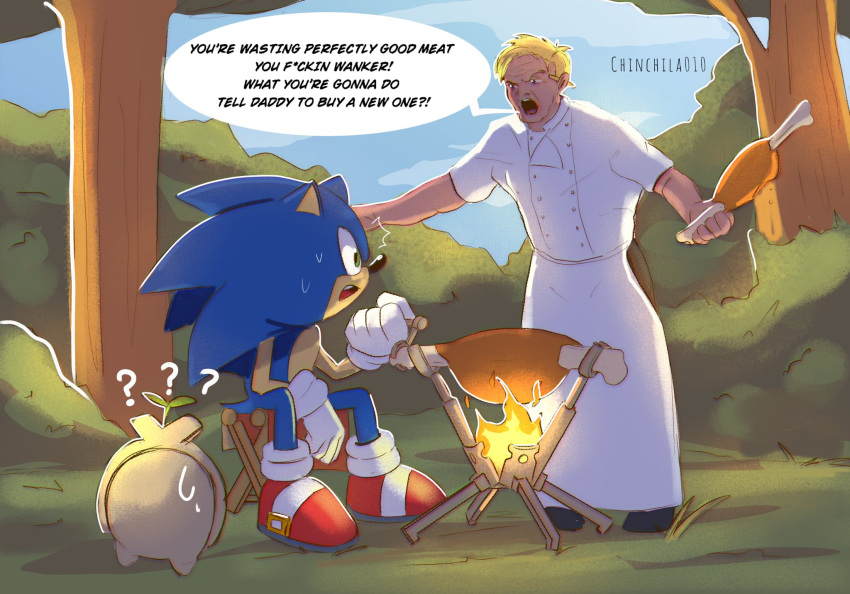 2boys ? ?? ^^^ angry blonde_hair blue_fur censored censored_text chef chinchila010 cooking english_text food frown gameplay_mechanics gloves gordon_ramsay grass hell's_kitchen highres holding holding_food meat monster_hunter_(series) multiple_boys open_mouth outdoors parody profanity red_footwear shouting sonic_(series) sonic_frontiers sonic_the_hedgehog surprised sweatdrop twitter_username white_gloves wide-eyed