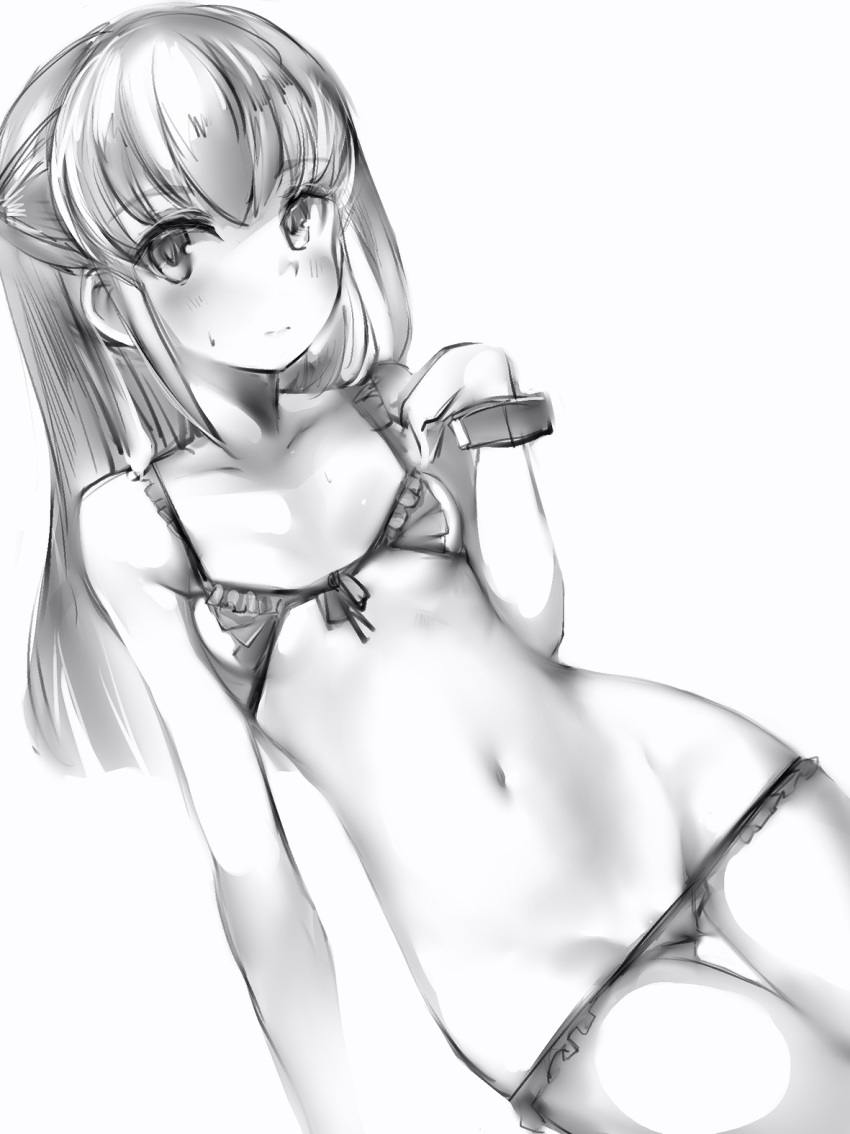 alice_gear_aegis ass_visible_through_thighs bad_id bad_twitter_id bare_arms bare_shoulders bikini blush bracelet breasts cameltoe closed_mouth collarbone dutch_angle female front-tie_bikini_top front-tie_top greyscale groin hand_up highres jewelry long_hair looking_at_viewer lowleg lowleg_bikini monochrome nanashi_(nlo) navel ochanomizu_mirie sidelocks simple_background small_breasts solo stomach sweat swimsuit thigh_gap white_background