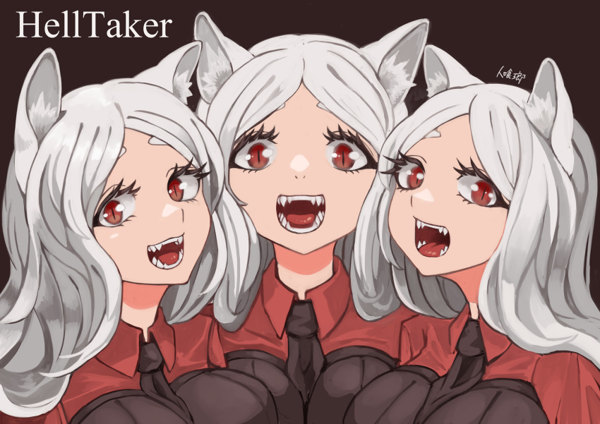 3girls :d animal_ear_fluff animal_ears black_necktie cerberus_(helltaker) collared_shirt dog_ears fangs helltaker highres hitokuirou long_hair looking_at_viewer multiple_girls necktie open_mouth parted_bangs red_eyes red_shirt shirt slit_pupils smile triplets white_hair wing_collar