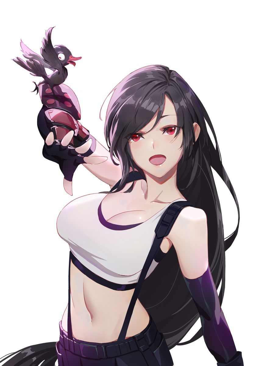 :d arm_up bad_id bad_pixiv_id bird black_hair black_skirt breasts cleavage collarbone commentary crop_top elbow_gloves elbow_pads female final_fantasy final_fantasy_vii final_fantasy_vii_remake fingerless_gloves gloves highres huang_(volt0526) large_breasts long_hair looking_at_viewer low-tied_long_hair midriff navel open_mouth photoshop_(medium) red_eyes simple_background skirt smile solo suspender_skirt suspenders suspenders_gap swept_bangs tank_top tifa_lockhart very_long_hair white_background white_tank_top