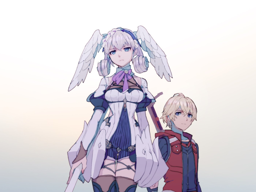 1boy blonde_hair closed_mouth curly_hair dress female hairband head_wings holding lobsterbaby99 melia_antiqua o-ring red_vest short_dress short_hair shulk_(xenoblade) simple_background vest white_hair wings xenoblade_chronicles:_future_connected xenoblade_chronicles_(series) xenoblade_chronicles_1