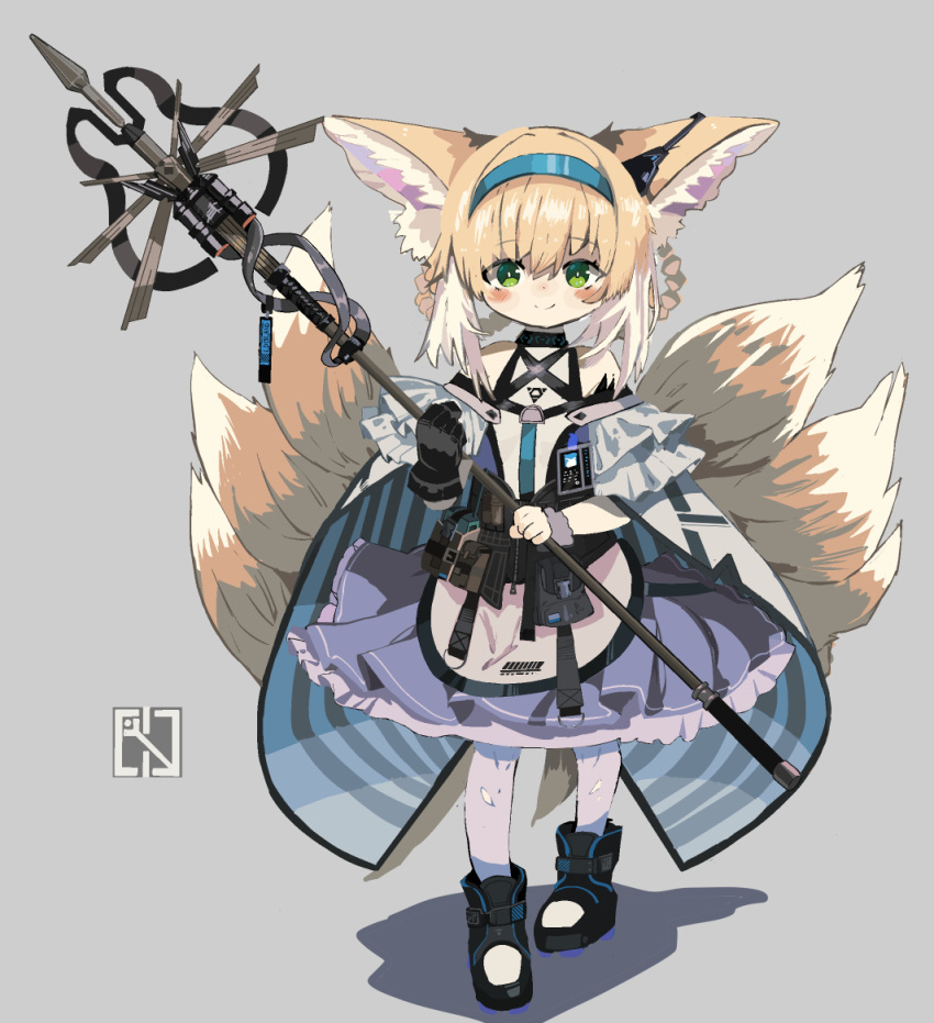 animal_ear_fluff animal_ears arknights black_footwear black_gloves blonde_hair blue_hairband blush boots braid braided_hair_rings closed_mouth commentary_request female fox_ears fox_girl fox_tail frilled_skirt frills full_body gloves grey_background hair_between_eyes hair_rings hairband holding infection_monitor_(arknights) kitsune looking_at_viewer material_growth multicolored_hair oripathy_lesion_(arknights) pantyhose pleated_skirt purple_skirt ryu_(17569823) shadow shirt single_glove skirt smile solo standing suzuran_(arknights) tail twin_braids two-tone_hair white_hair white_pantyhose white_shirt