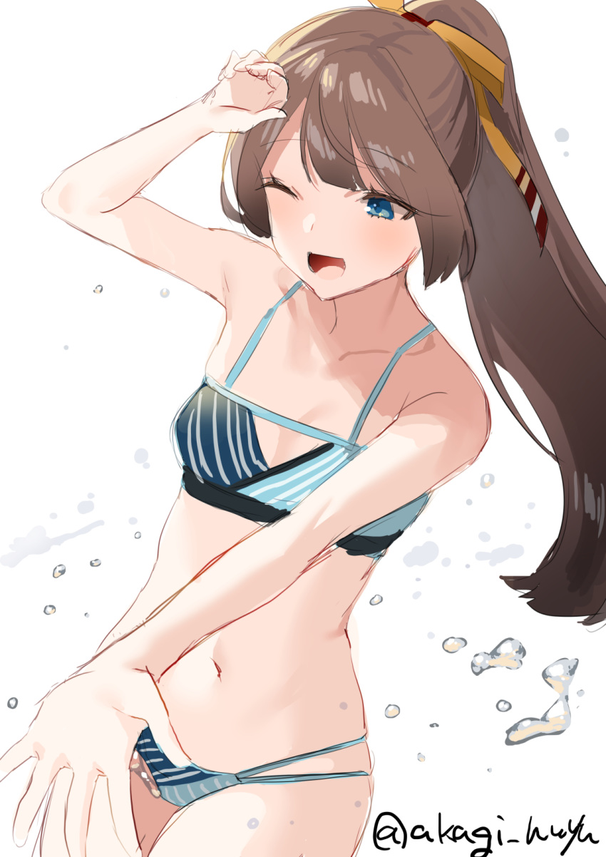 akagi_kurage bikini blue_bikini blue_eyes brown_hair collarbone commentary_request cowboy_shot female flat_chest hair_ribbon highres kantai_collection kazagumo_(kancolle) kazagumo_(swimsuit_mode)_(kancolle) long_hair navel one-hour_drawing_challenge one_eye_closed open_mouth ponytail ribbon solo splashing swimsuit twitter_username water