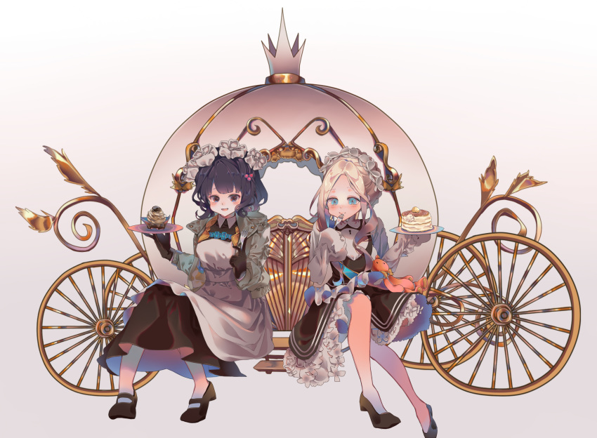 2girls abigail_williams_(fate) abigail_williams_(festival_outfit)_(fate) absurdres alpha_(akatsuki-pun) blonde_hair blue_eyes bow bug butterfly couch fate/grand_order fate_(series) flower food fork gloves green_jacket hair_ornament hairbow highres jacket katsushika_hokusai_(fate) keyhole long_hair maid mont_blanc_(food) multicolored_eyes multiple_girls official_alternate_costume pancake plate purple_hair simple_background sleeves_past_fingers sleeves_past_wrists stairs stuffed_animal stuffed_toy teddy_bear type-moon wheel white_background