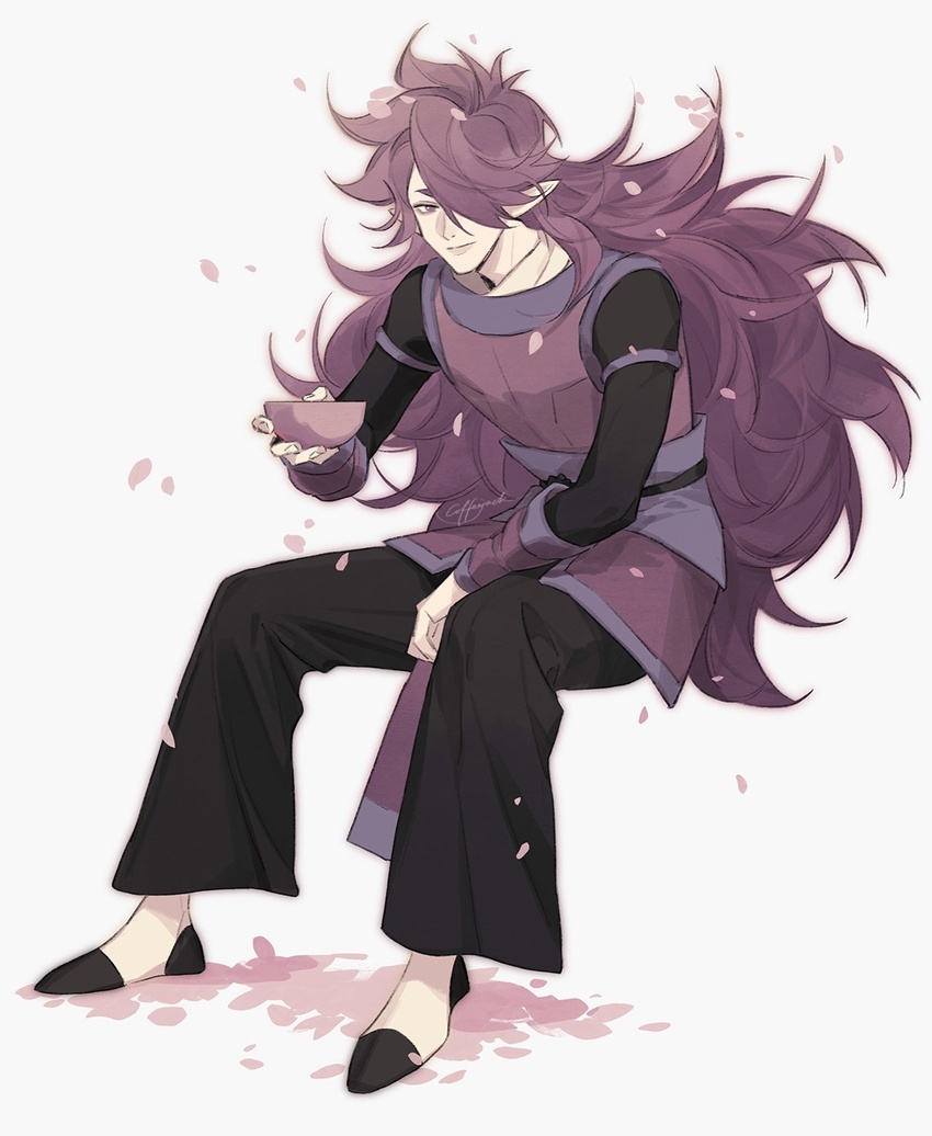 1boy bean_mr12 black_pants bowl fengxi_(the_legend_of_luoxiaohei) full_body hair_over_one_eye highres holding holding_bowl invisible_chair long_hair long_sleeves luo_xiaohei_zhanji male_focus pants petals pointy_ears purple_hair signature simple_background sitting smile solo very_long_hair white_background