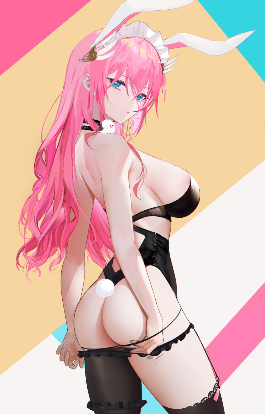 animal_ears ass asymmetrical_legwear bare_shoulders black_leotard blue_eyes blush breasts fake_animal_ears female frills from_behind hair_ornament highres indie_virtual_youtuber leotard long_hair looking_at_viewer mismatched_legwear omone_hokoma_agm pink_hair rabbit_ears rabbit_tail sakurada_hane solo strapless strapless_leotard tail virtual_youtuber