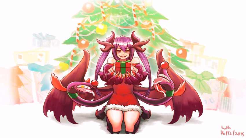 antlers christmas_present christmas_tree claws commission dated dragon_horns dragon_wings dress english_commentary extra_mouth fake_antlers female fingernails full_body fur_trim gold_teeth hair_between_eyes highres horns jabberwock_(monster_girl_encyclopedia) long_hair looking_at_viewer lutherniel monster_girl monster_girl_encyclopedia purple_hair red_dress red_eyes reindeer_antlers round_teeth sharp_fingernails short_dress signature sitting smile solo spread_wings teeth tentacle twintails upper_teeth wariza wings