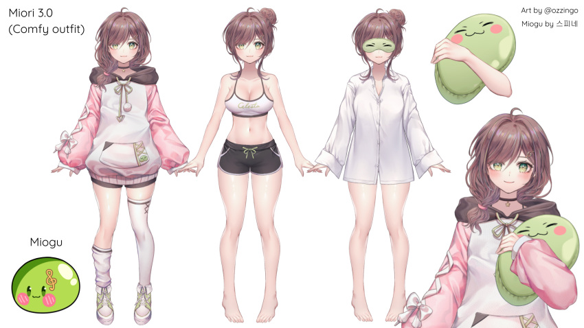 ahoge bare_arms bare_legs bare_shoulders barefoot black_choker black_shorts breasts brown_hair camisole choker cleavage collared_shirt crop_top dolphin_shorts drawstring dress_shirt feet female full_body green_eyes hair_bun hair_over_shoulder highres hood hood_down hoodie hugging_doll hugging_object large_breasts legs long_hair long_sleeves looking_at_viewer loose_thighhigh midriff miori_celesta miori_celesta_(6th_costume) mogu_(miori_celesta) multiple_views navel official_art ozzingo partially_unbuttoned pink_sleeves puffy_sleeves raglan_sleeves reference_sheet shirt shoes short_shorts shorts sleep_mask sleeveless sleeveless_shirt smile spaghetti_strap standing stomach thighhighs thighs tsunderia virtual_youtuber white_footwear white_hoodie white_shirt white_thighhighs