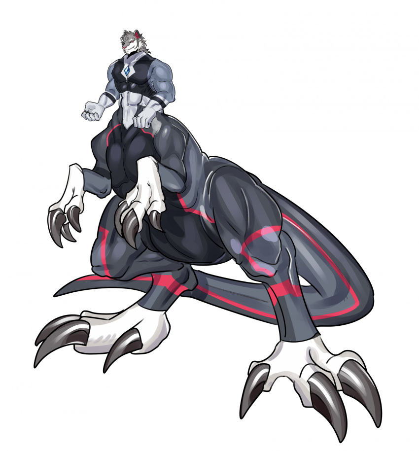 2023 5_fingers big_claws big_muscles biped biped_taur claws countershade_torso countershading digital_media_(artwork) dinosaur extinct eyebrows finger_claws fingers fully_clothed_taur grey_body hi_res hr7777 long_claws looking_at_viewer male mammal muscular nipples pecs pink_claws pink_eyes pink_nose prehistoric_species reptile scalie shaded simple_background snaggle_tooth solo split_form standing taur toe_claws white_background white_body white_eyebrows