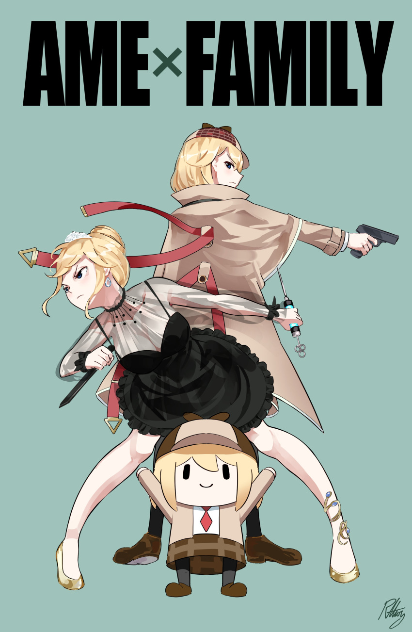 absurdres black_dress blonde_hair blue_background blue_eyes bob_cut breasts brown_coat brown_footwear chibi closed_mouth coat commentary deerstalker dress earrings female frown gold_footwear gun hair_bun hat highres holding holding_gun holding_knife holding_syringe holding_weapon hololive hololive_english jewelry knife large_breasts legs_apart long_sleeves looking_at_viewer looking_back multiple_views necktie official_alternate_costume official_alternate_hairstyle outstretched_arm parody radical_highway red_necktie short_hair signature single_hair_bun smile smol_ame spy_x_family syringe tiara v-shaped_eyebrows virtual_youtuber watson_amelia watson_amelia_(1st_costume) watson_amelia_(party_dress) weapon yellow_footwear