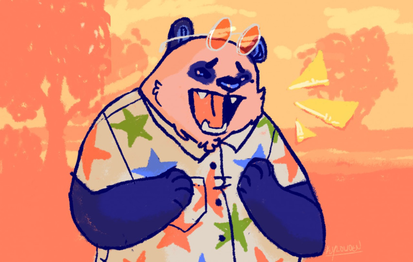 2018 animal_crossing anthro bear biped chow_(animal_crossing) clothed clothing eyewear giant_panda glasses kylowoen male mammal nintendo outside shirt slightly_chubby solo teeth topwear