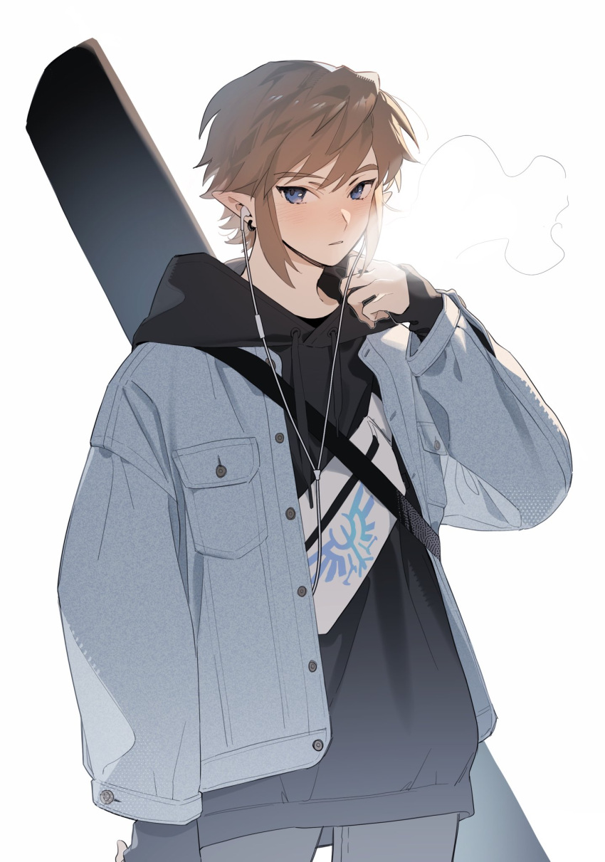 1boy black_hoodie blue_eyes blush breath brown_hair buttons commentary_request contemporary earphones gloves grey_jacket grey_pants guitar_case hand_up highres hood hood_down hoodie instrument_case jacket link long_sleeves looking_at_viewer male_focus open_clothes open_jacket pants parted_lips pointy_ears shikiri solo the_legend_of_zelda white_background