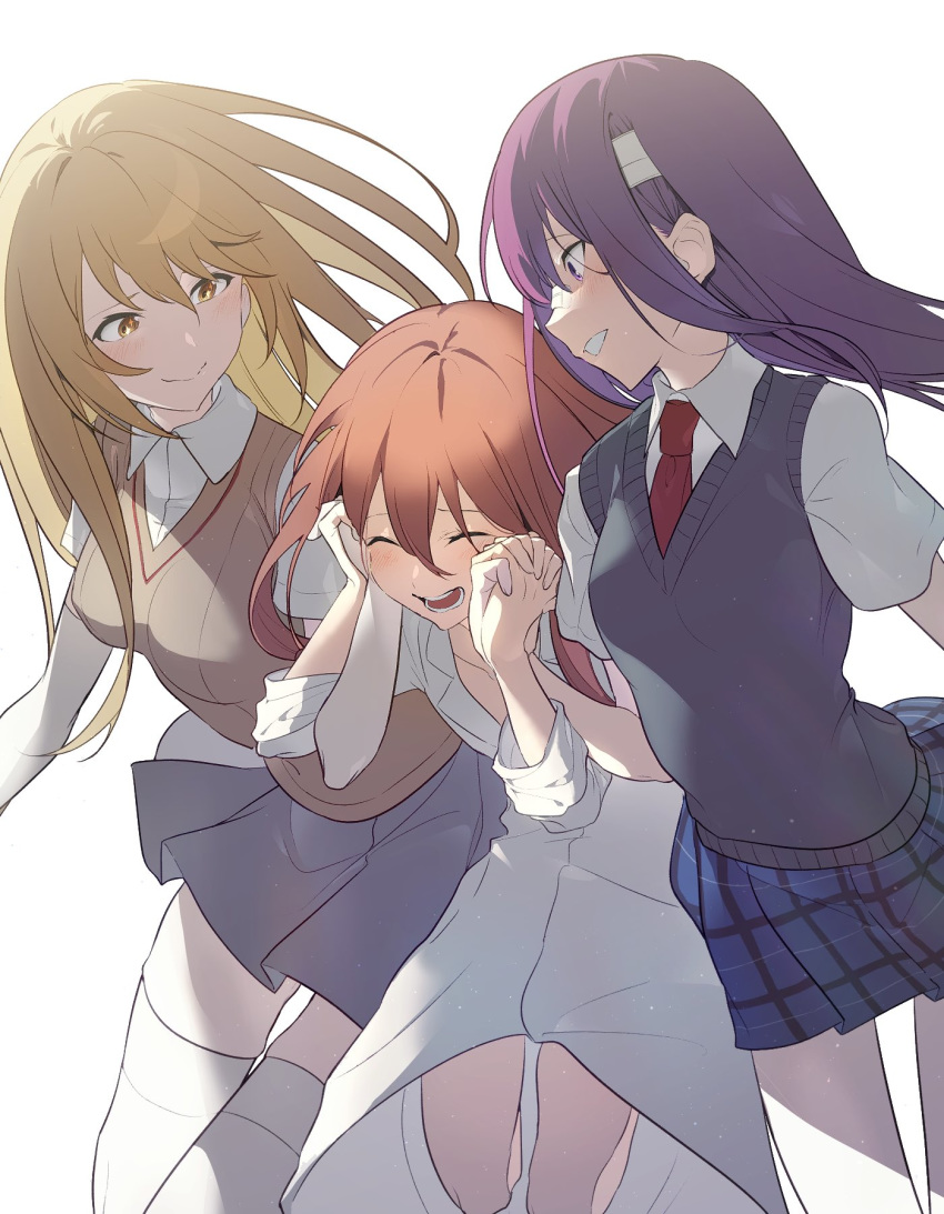 3girls blonde_hair blue_skirt brown_eyes brown_hair brown_sweater_vest closed_eyes commentary_request cowboy_shot dolly_(toaru_kagaku_no_railgun) dress elbow_gloves gloves grey_skirt grey_sweater_vest highres kouzaku_mitori long_hair multiple_girls no_emblem plaid plaid_skirt pleated_skirt purple_eyes purple_hair school_uniform shokuhou_misaki simple_background skirt smile sparkling_eyes summer_uniform sweater_vest tadano_souko thighhighs toaru_kagaku_no_railgun toaru_kagaku_no_railgun_t toaru_majutsu_no_index tokiwadai_school_uniform white_background white_dress white_gloves white_legwear