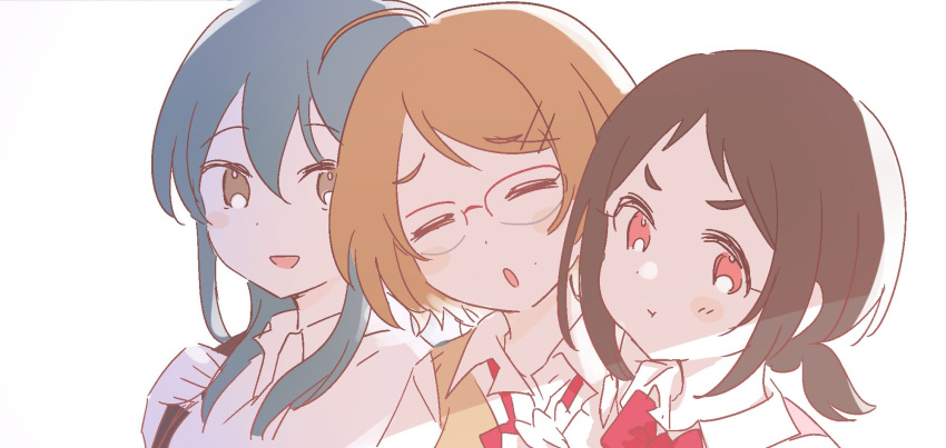 bad_source blue_hair blush blush_stickers bonn brown_hair glasses highres idolmaster idolmaster_cinderella_girls looking_at_viewer multiple_girls muramatsu_sakura new_wave_(idolmaster) ohishi_izumi pout tsuchiya_ako