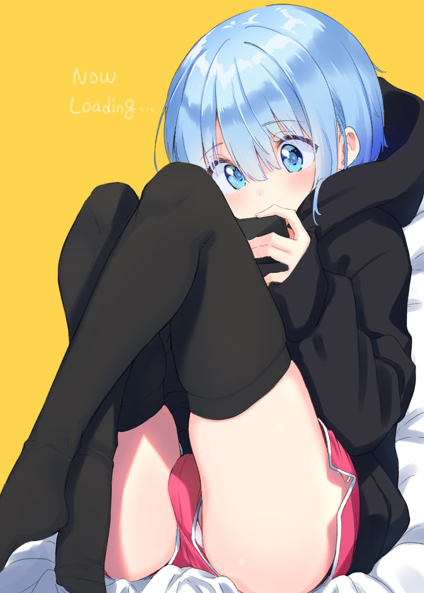 1boy absurdres black_hoodie blue_eyes blue_hair blush crossed_legs highres holding holding_phone hood hoodie original otoko_no_ko panties pantyshot phone playing_games short_hair short_shorts shorts sitting solo thighhighs thighs underwear uro_(urotanc) yellow_background