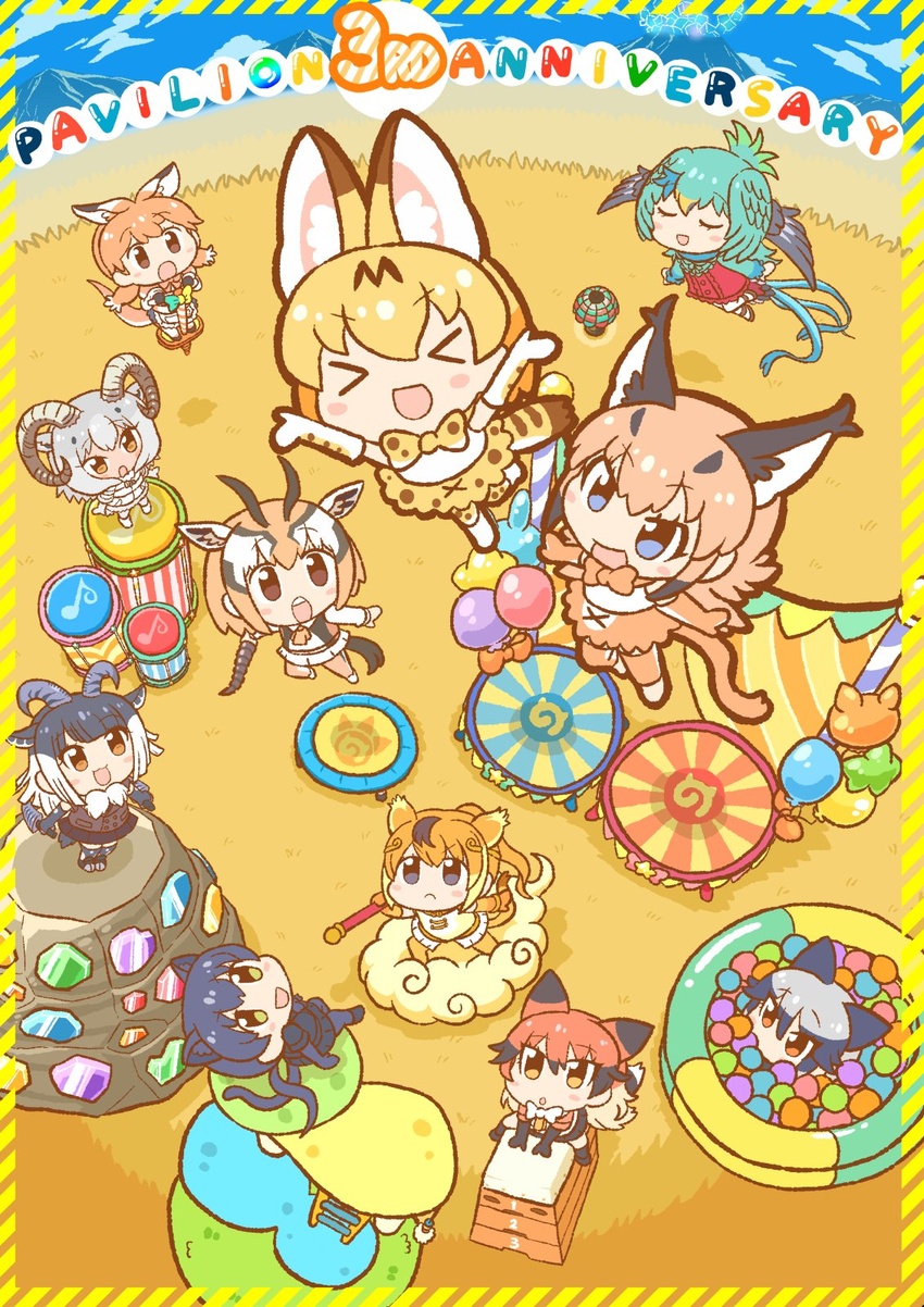 >_< 6+girls :c :d :o animal_ears anniversary apron arms_up ball_pit balloon bird_tail bird_wings black_eyes black_hair black_leopard_(kemono_friends) blonde_hair blue_eyes bow bowtie brown_eyes brown_hair caracal_(kemono_friends) chibi circlet closed_mouth cloud dall_sheep_(kemono_friends) day dress drum dual_wielding elbow_gloves extra_ears fisheye floating fox_ears fox_girl fox_tail from_above full_body gazelle_ears gazelle_horns gazelle_tail gloves golden_snub-nosed_monkey_(kemono_friends) grey_hair head_wings highres himalayan_tahr_(kemono_friends) holding holding_weapon horns instrument jumping kangaroo_girl kemono_friends kemono_friends_pavilion kotobuki_(tiny_life) leopard_ears leopard_tail light_brown_hair long_hair looking_at_another medium_hair monkey_ears monkey_tail multicolored_hair multiple_girls open_mouth orange_bow orange_bowtie orange_eyes orange_hair outdoors playground_equipment_(kemono_friends_pavilion) pogo_stick print_bow print_bowtie red_fox_(kemono_friends) red_hair red_kangaroo_(kemono_friends) resplendent_quetzal_(kemono_friends) serval_(kemono_friends) serval_print sheep_ears sheep_girl sheep_horns shirt short_dress silver_fox_(kemono_friends) sitting skirt sleeveless sleeveless_shirt smile standing tail thomson's_gazelle_(kemono_friends) traditional_bowtie trampoline twintails two-tone_hair v-shaped_eyebrows wading_pool weapon white_hair wings xd yellow_eyes