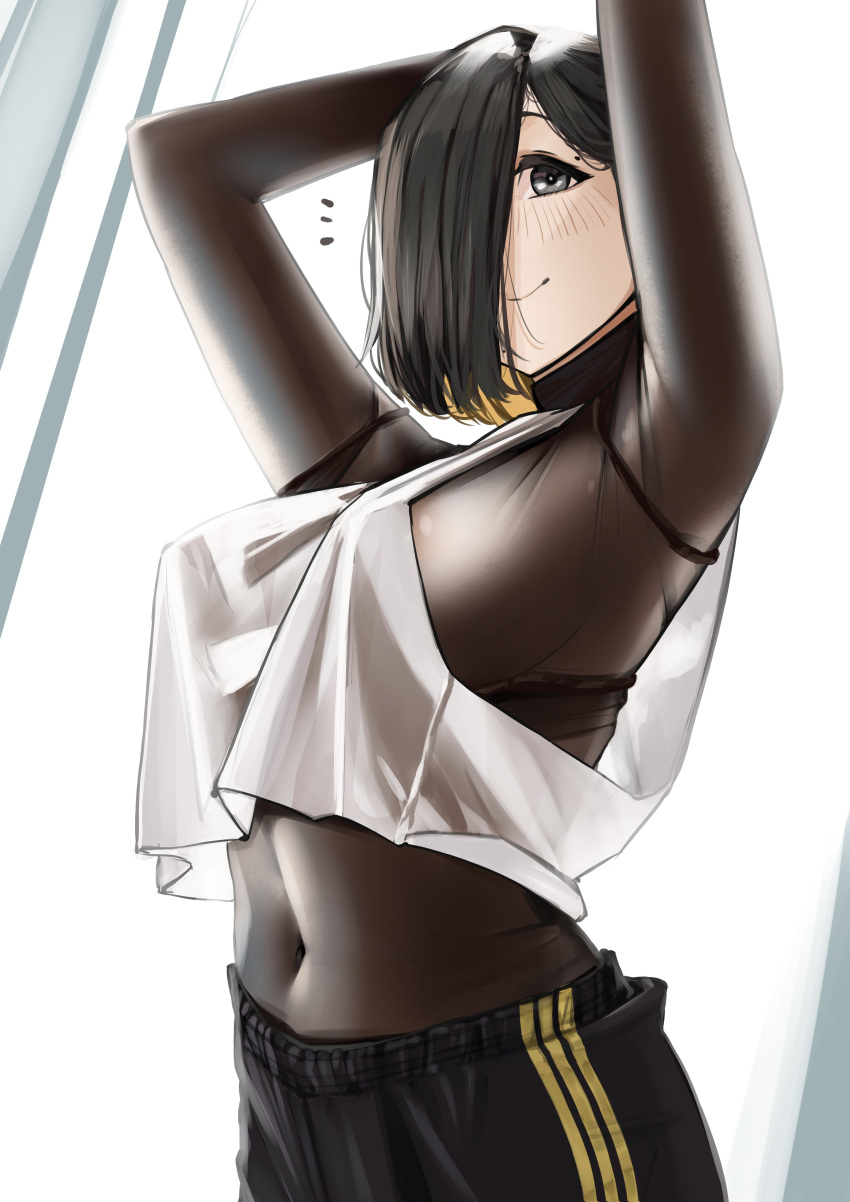 absurdres armpits black_hair black_shorts bodystocking breasts crop_top female hair_over_one_eye highres kamura_(rain_prophet) medium_breasts mole mole_above_eye original pupi_(rain_prophet) shorts smile solo striped_clothes striped_shorts tank_top white_tank_top