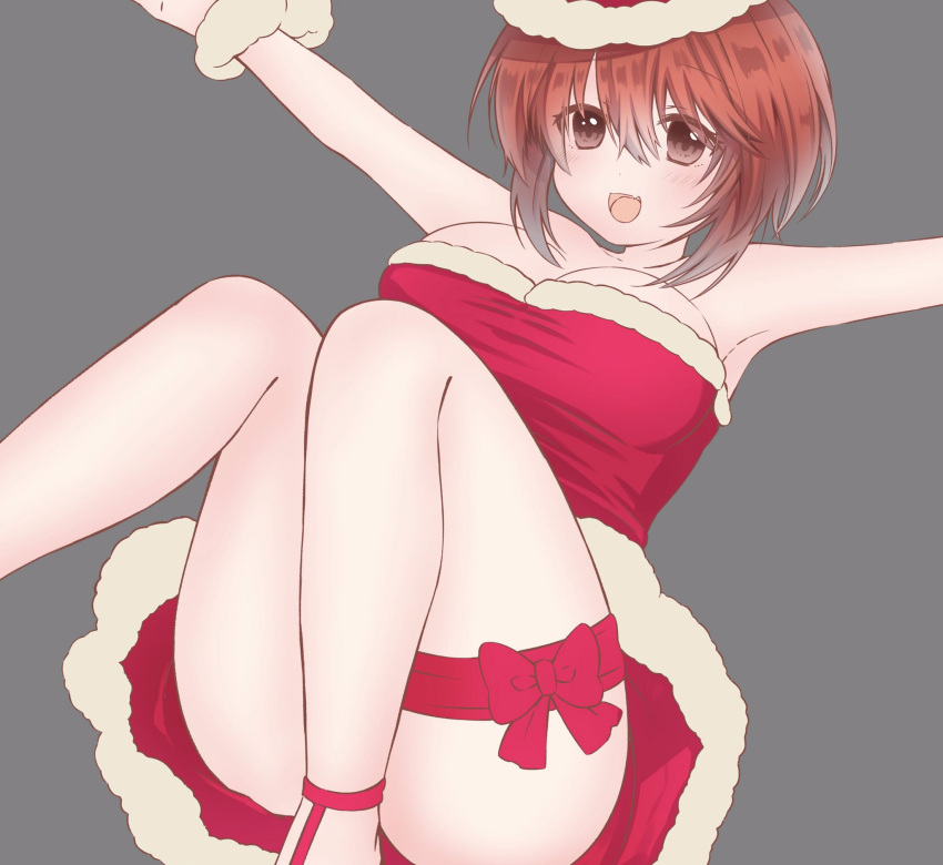 breasts brown_eyes brown_hair christmas commentary_request convenient_censoring dress female floating fur_cuffs grey_background hat highres itsumip large_breasts leg_ribbon legs looking_at_viewer oerba_yun_fang open_mouth original outstretched_arms red_dress red_ribbon ribbon santa_costume santa_dress santa_hat scrunchie short_dress short_hair simple_background skin_fang smile solo spread_arms strapless strapless_dress thigh_ribbon wrist_scrunchie