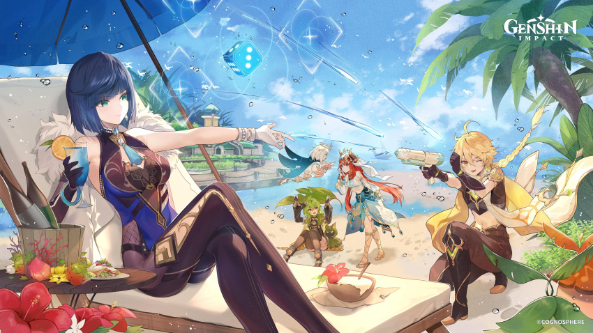 1boy 4girls absurdres aether_(genshin_impact) aranara_(genshin_impact) beach_chair beach_umbrella bird blonde_hair blue_hair blue_sky bottle braid breasts bush capelet cloud collei_(genshin_impact) cuilein-anbar_(genshin_impact) cup day dice flower food fruit genshin_impact green_hair halo harra_fruit_(genshin_impact) hibiscus highres holding leaf long_hair multiple_girls musical_note necomi nilou_(genshin_impact) official_art on_one_knee one_eye_closed orange_(fruit) orange_slice outdoors paimon_(genshin_impact) palm_tree plant red_flower red_hair second-party_source shawarma shawarma_wrap_(genshin_impact) short_hair single_braid sitting sky songkran standing thai_commentary tree tropical_drink umbrella water_drop water_gun wrap_(food) yelan_(genshin_impact) zaytun_peach_(genshin_impact)