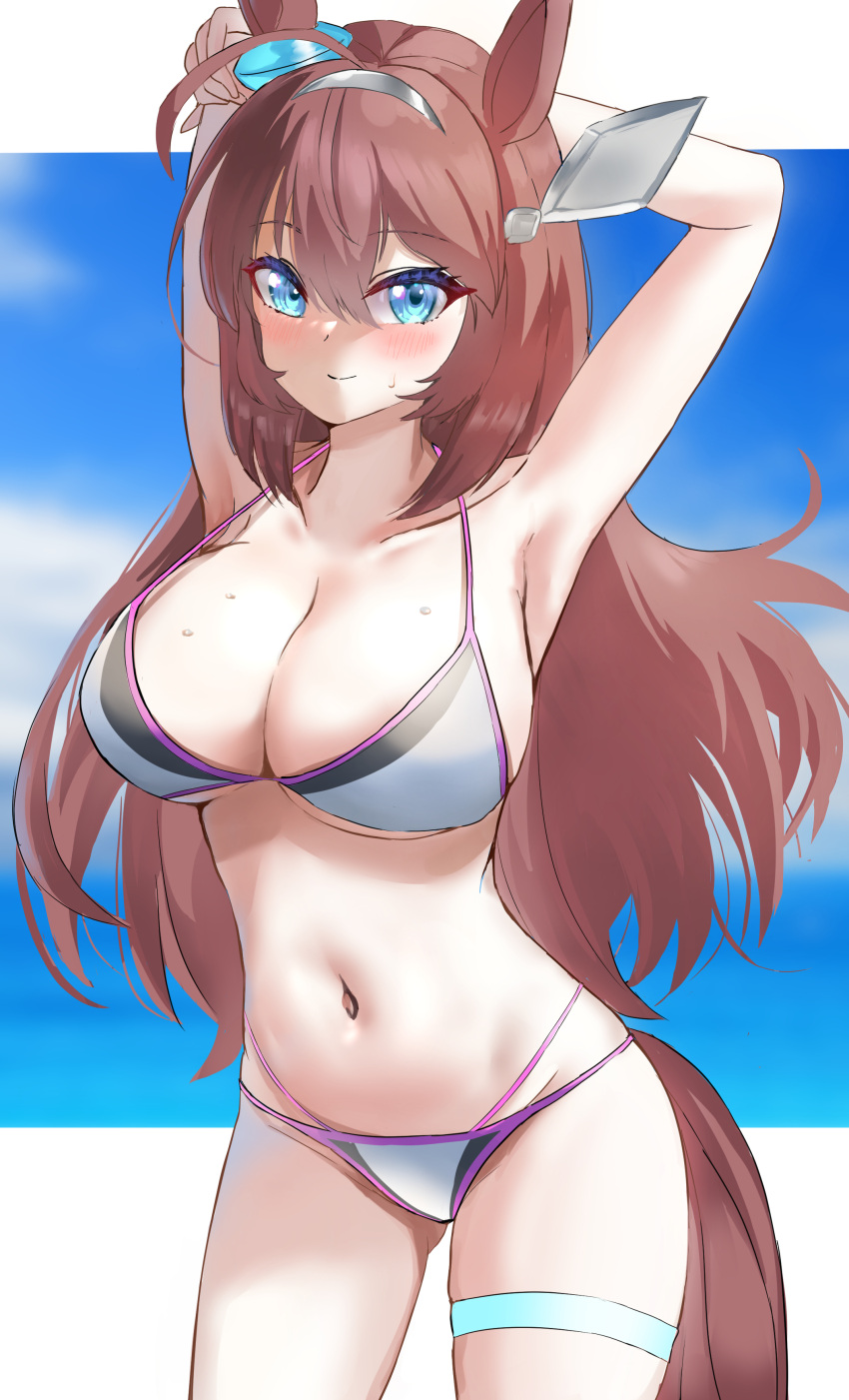 absurdres animal_ears arms_up bikini blue_eyes blue_sky breasts brown_hair cloud cowboy_shot female grey_hairband hairband halterneck highres horse_ears horse_girl horse_tail large_breasts long_hair mihono_bourbon_(umamusume) mochini multicolored_bikini multicolored_clothes sky solo string_bikini swimsuit tail umamusume white_bikini