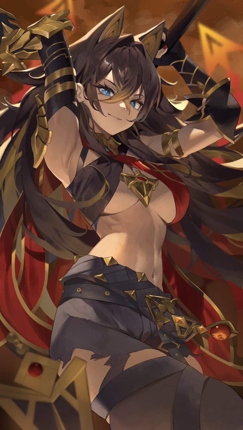 animal_ears armlet armpits bare_shoulders black_hair blonde_hair blue_eyes breasts brown_hair crossed_bangs dark-skinned_female dark_skin dehya_(genshin_impact) earrings female genshin_impact gloves hair_between_eyes halterneck highres holding holding_weapon jewelry ktr_(tpun2553) large_breasts long_hair looking_at_viewer multicolored_hair navel red_nails smile solo stomach streaked_hair underboob vision_(genshin_impact) weapon