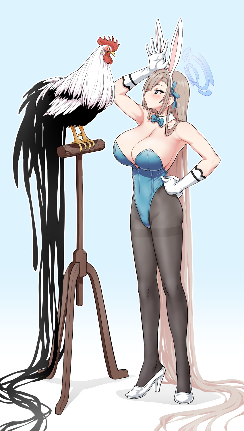 absurdly_long_hair absurdres animal animal_ears asuna_(blue_archive) asuna_(bunny)_(blue_archive) bird black_pantyhose blue_archive blue_eyes blue_halo blue_leotard blue_ribbon bow bowtie breasts chicken cleavage commentary_request detached_collar fake_animal_ears fake_tail female full_body gloves halo highres itou_yuuji large_breasts leotard light_brown_hair long_hair looking_at_animal male_chicken official_alternate_costume pantyhose playboy_bunny rabbit_ears rabbit_tail ribbon shoes standing strapless strapless_leotard tail very_long_hair white_footwear white_gloves