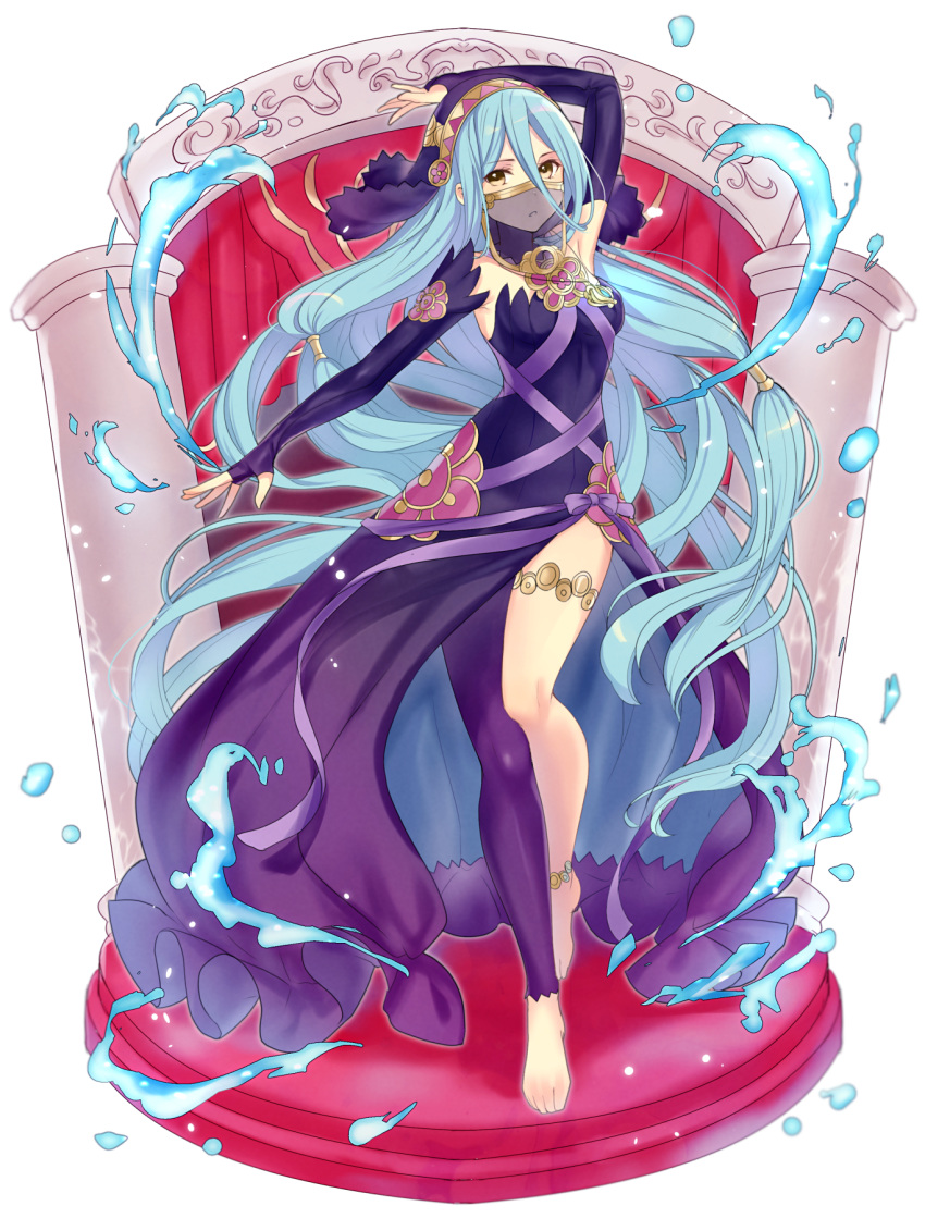 anklet arm_up asymmetrical_legwear azura_(fire_emblem) azura_(performing_arts)_(fire_emblem) barefoot black_dress black_gloves blue_hair closed_mouth dress elbow_gloves female fingerless_gloves fire_emblem fire_emblem_fates fire_emblem_heroes full_body gloves haru_(nakajou-28) highres jewelry long_hair necklace official_alternate_costume pendant solo uneven_legwear veil yellow_eyes