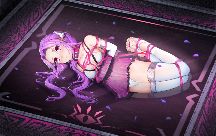 7t absurdres arms_behind_back babydoll belt_collar bondage bondage bondage bound bound_arms bound_legs breast_bondage breasts collar elbow_gloves fate/grand_order fate_(series) female gloves highres long_hair lying medusa_(fate) medusa_(lancer)_(fate) medusa_(lancer)_(final_ascension)_(fate) official_alternate_costume on_side panties purple_babydoll purple_eyes purple_hair red_collar rope shibari_over_clothes sidelocks small_breasts solo stirrup_legwear thighhighs toeless_legwear underwear white_gloves white_panties white_thighhighs