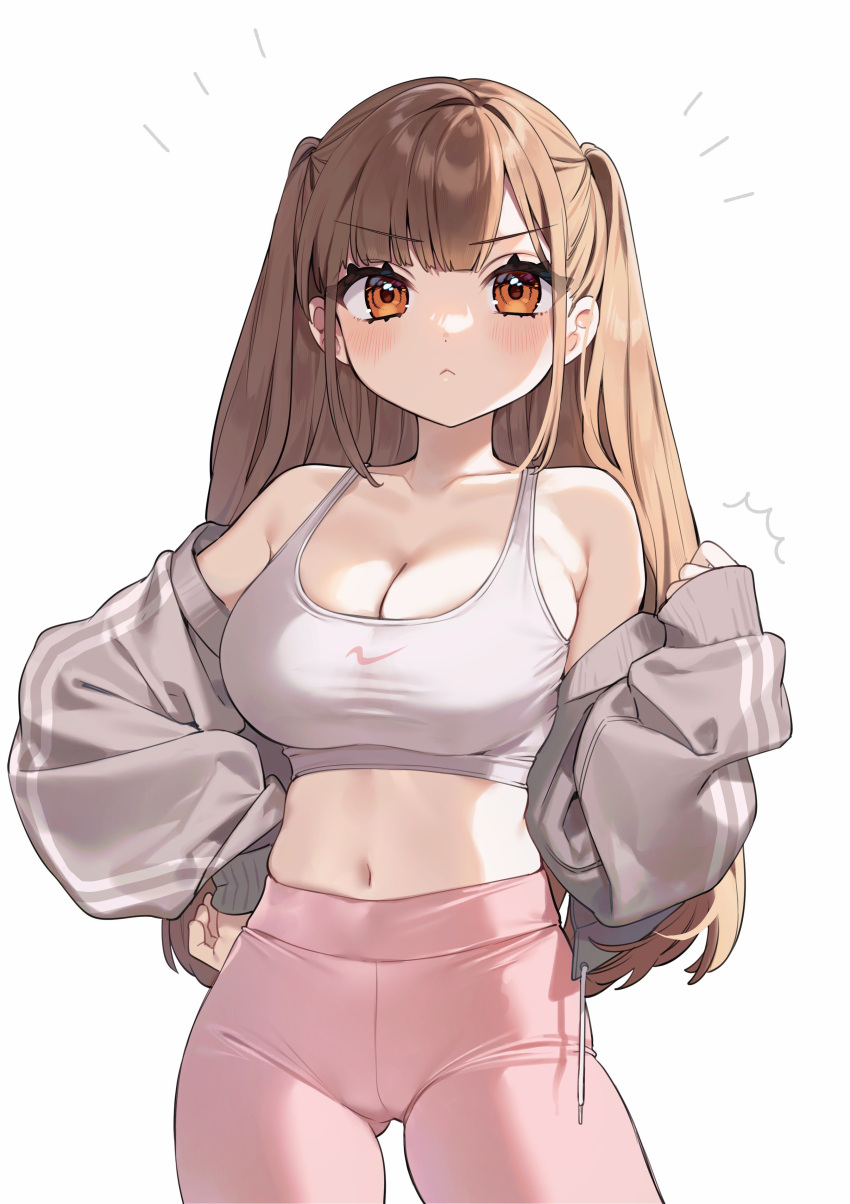 :< ^^^ absurdres ass_visible_through_thighs bare_shoulders blunt_bangs blush brand_name_imitation breasts brown_hair chibi_kyonyuu cleavage closed_mouth collarbone cowboy_shot crop_top double_vertical_stripe drawstring eyelashes eyes_visible_through_hair female frown grey_jacket grey_sports_bra hand_on_own_hip hand_up highres jacket kodama_(sakura_yuki) large_breasts long_hair long_sleeves looking_at_viewer midriff navel nike_(company) notice_lines off_shoulder open_clothes open_jacket orange_eyes pants parted_bangs pink_pants sakura_yuki_(clochette) scowl shirt sideboob sidelocks simple_background sleeves_past_wrists solo sports_bra sportswear standing stomach straight_hair taut_clothes thighs track_jacket two_side_up v-shaped_eyebrows very_long_hair white_background yoga_pants