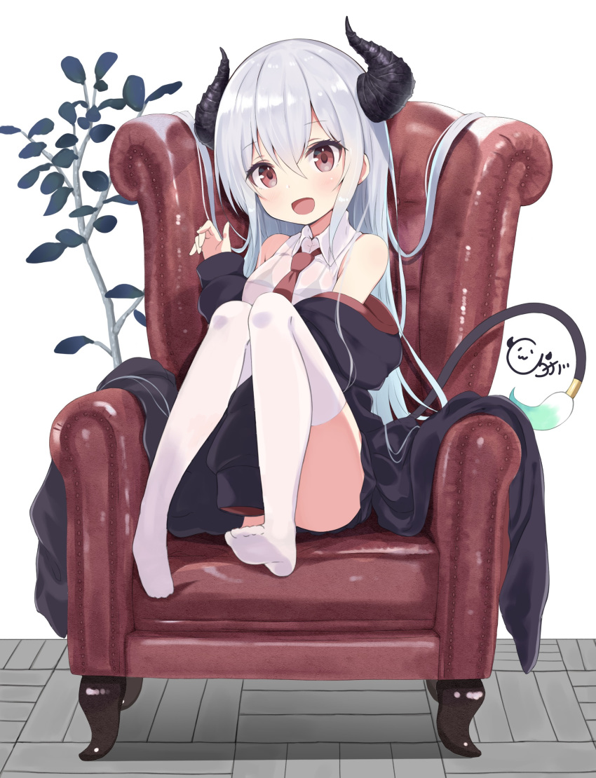 :d absurdres armchair bikini chair coat demon_girl demon_horns female highres horns knees_together_feet_apart long_hair micro_bikini necktie no_shoes off_shoulder on_chair open_mouth original red_eyes red_necktie see-through shiraga_(siragagaga) siragagaga sitting smile solo swimsuit tail thighhighs white_hair white_thighhighs