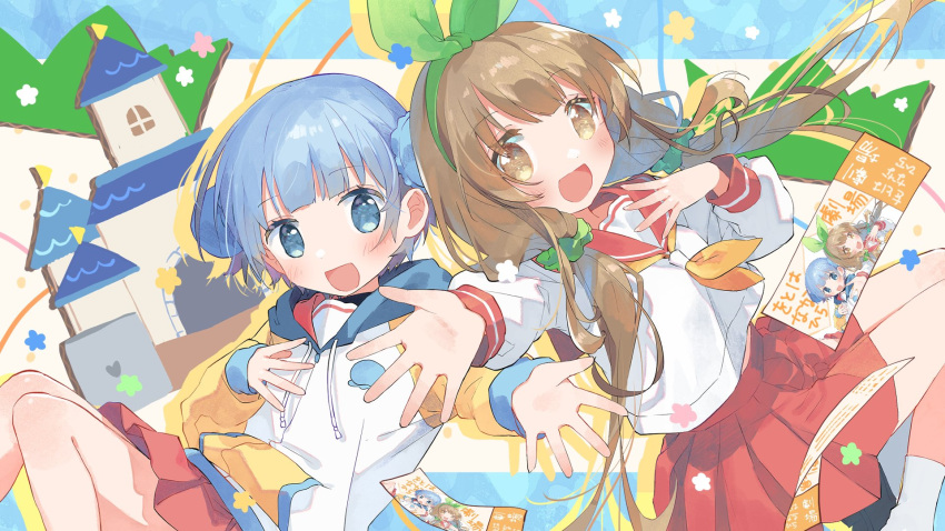 2girls :d blue_hair blush brown_hair character_request cosplay highres hinako_note indie_utaite jumping long_sleeves looking_at_viewer miniskirt multiple_girls nanahira natsukawa_kuina natsukawa_kuina_(cosplay) neckerchief open_mouth outstretched_arm outstretched_hand pleated_skirt red_skirt sailor_collar sakuragi_hinako sakuragi_hinako_(cosplay) school_uniform serafuku skirt smile utaite wotoha_(character) zuho_(vega)