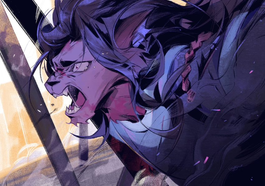 1boy bean_mr12 fangs fengxi_(the_legend_of_luoxiaohei) furry furry_male long_hair luo_xiaohei_zhanji male_focus open_mouth profile purple_hair saliva solo tears teeth upper_body