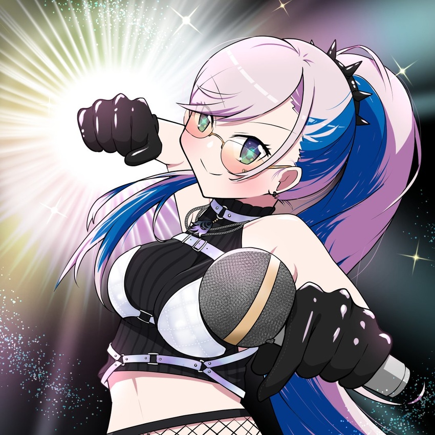 aqua_eyes bare_shoulders black_gloves blue_hair blush breasts closed_mouth crop_top earrings female glasses gloves grey_hair hair_ornament holding holding_microphone hololive hololive_indonesia incoming_attack incoming_punch jewelry long_hair looking_at_viewer medium_breasts microphone midriff multicolored_hair oguma_shiro pavolia_reine pavolia_reine_(streetwear) ponytail punching solo streaked_hair swept_bangs virtual_youtuber