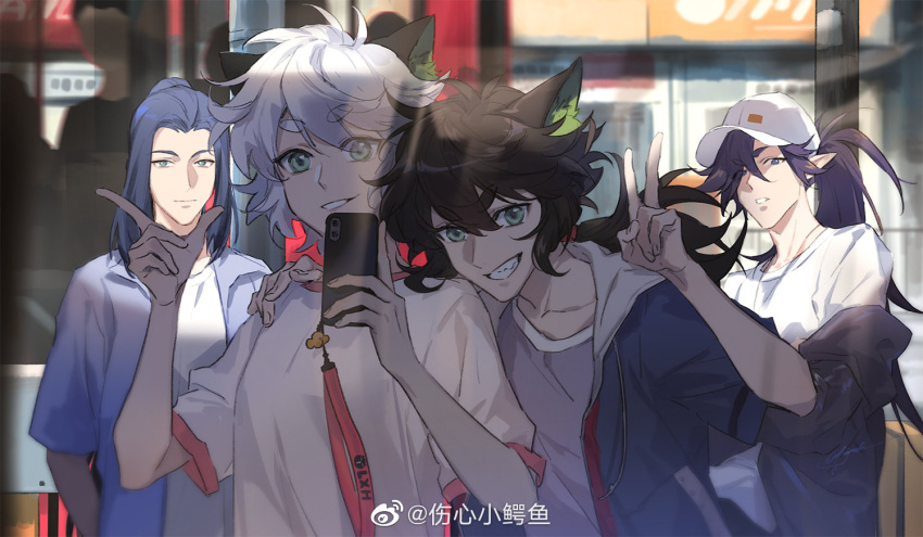 3boys animal_ears bean_mr12 black_hair blue_hair cat_boy cat_ears fengxi_(the_legend_of_luoxiaohei) green_eyes hands_up holding holding_phone index_finger_raised long_hair looking_at_viewer luo_xiaohei luo_xiaohei_(human) luo_xiaohei_zhanji male_focus multiple_boys multiple_persona parted_lips phone pointy_ears ponytail purple_hair selfie shirt short_hair short_sleeves smile upper_body v weibo_watermark white_hair white_shirt wuxian_(the_legend_of_luoxiaohei)