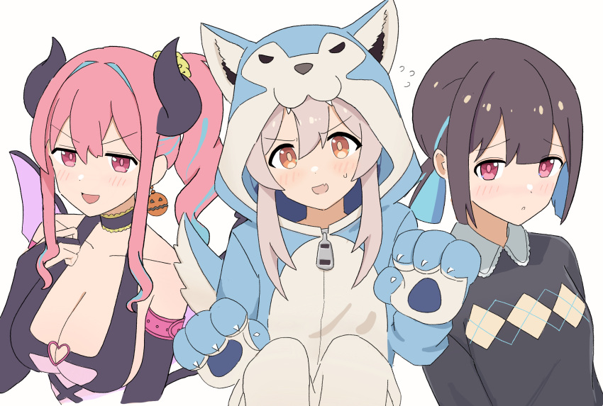 3girls :d absurdres animal_costume animal_hands black_gloves blue_hair blunt_bangs blunt_ends breasts bridal_gauntlets brown_eyes choker colored_inner_hair commentary demon_costume earrings elbow_gloves food-themed_earrings gloves hair_between_eyes highres horns hozuki_kaede hozuki_momiji jack-o'-lantern jack-o'-lantern_earrings jewelry large_breasts light_blush multicolored_hair multiple_girls oerba_yun_fang onesie onii-chan_wa_oshimai! open_mouth oyama_mahiro paw_gloves pink_hair red_eyes short_hair short_ponytail side_ponytail sidelocks simple_background skin_fang smile sobaandsushi two-tone_hair white_background wolf_costume zipper_pull_tab