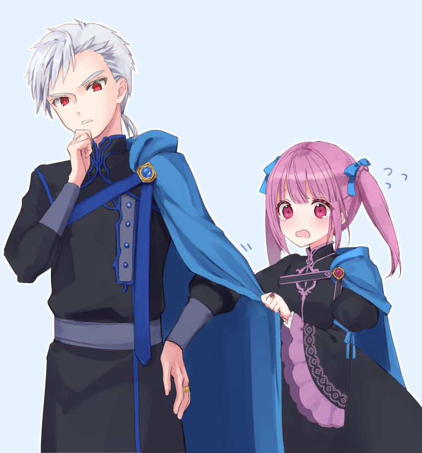 1boy black_dress black_jacket blue_background blue_bow blue_cape blush bow brother_and_sister cape commentary_request dress female flying_sweatdrops hairbow hannelore_(honzuki_no_gekokujou) highres honzuki_no_gekokujou jacket jewelry juliet_sleeves lestilaut_(honzuki_no_gekokujou) long_sleeves nose_blush open_mouth outline parted_lips pink_hair puffy_sleeves red_eyes rimo ring siblings side_cape sleeves_past_wrists tears twintails v-shaped_eyebrows white_hair white_outline wide_sleeves