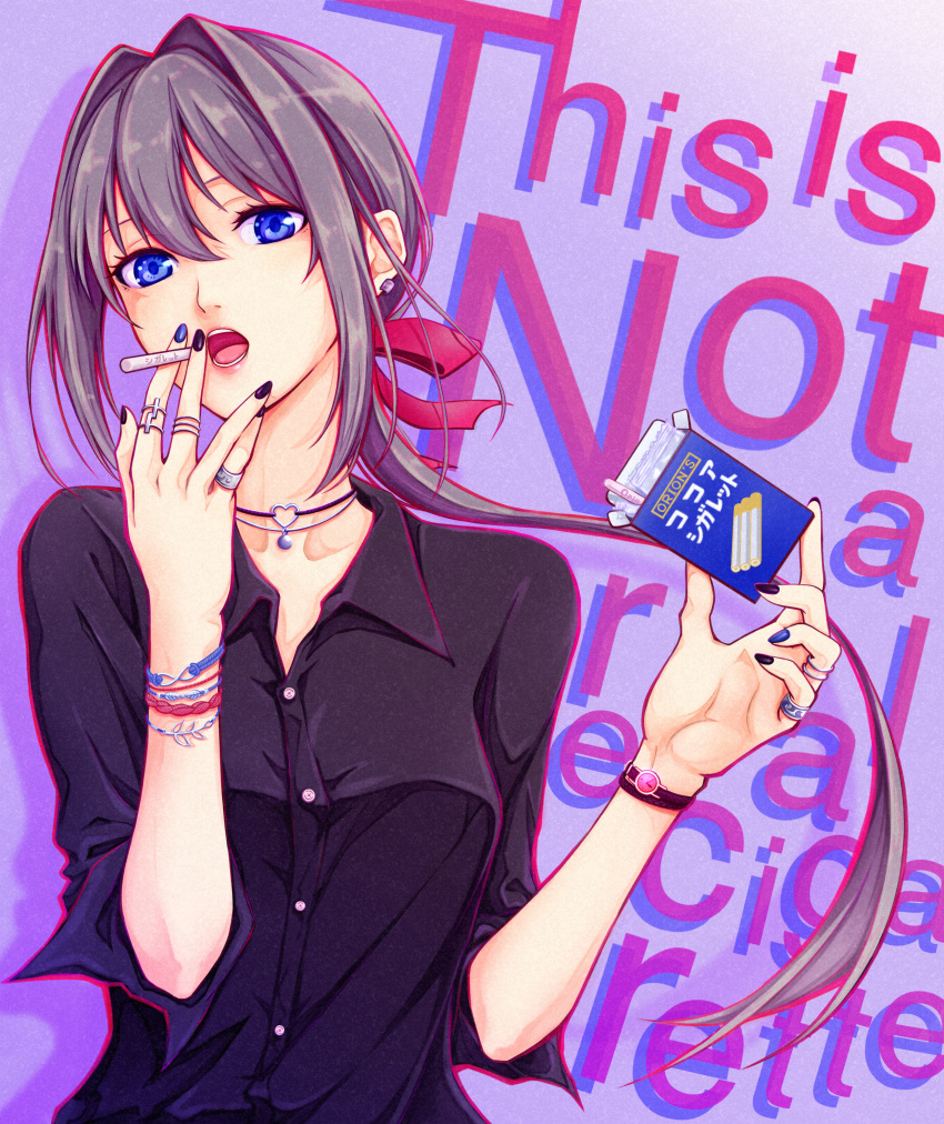 absurdres bad_id bad_pixiv_id black_nails black_shirt blue_eyes blue_nails bracelet candy choker cigarette_candy collared_shirt earrings english_text female food grey_hair hair_between_eyes hair_ribbon highres jewelry long_hair looking_at_viewer muto_(n0sug4r) open_mouth original red_ribbon ribbon ring shirt solo upper_body