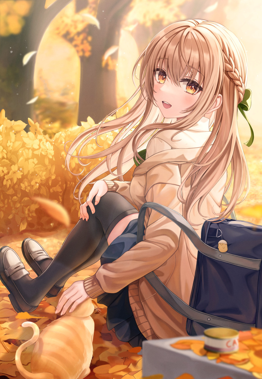 :d absurdres autumn_leaves bag black_footwear black_thighhighs blue_skirt blush bow bowtie braid breasts brown_cat brown_eyes brown_hair brown_sweater commentary_request falling_leaves feline female from_side funii green_bow green_bowtie green_ribbons hair_between_eyes hair_ribbon hand_on_own_knee highres knees_up leaf legs_together long_hair looking_at_viewer looking_back medium_breasts on_floor original outdoors pet_food pleated_skirt ribbon school_bag school_uniform shoes sidelocks sitting skirt smile solo sweater thighhighs