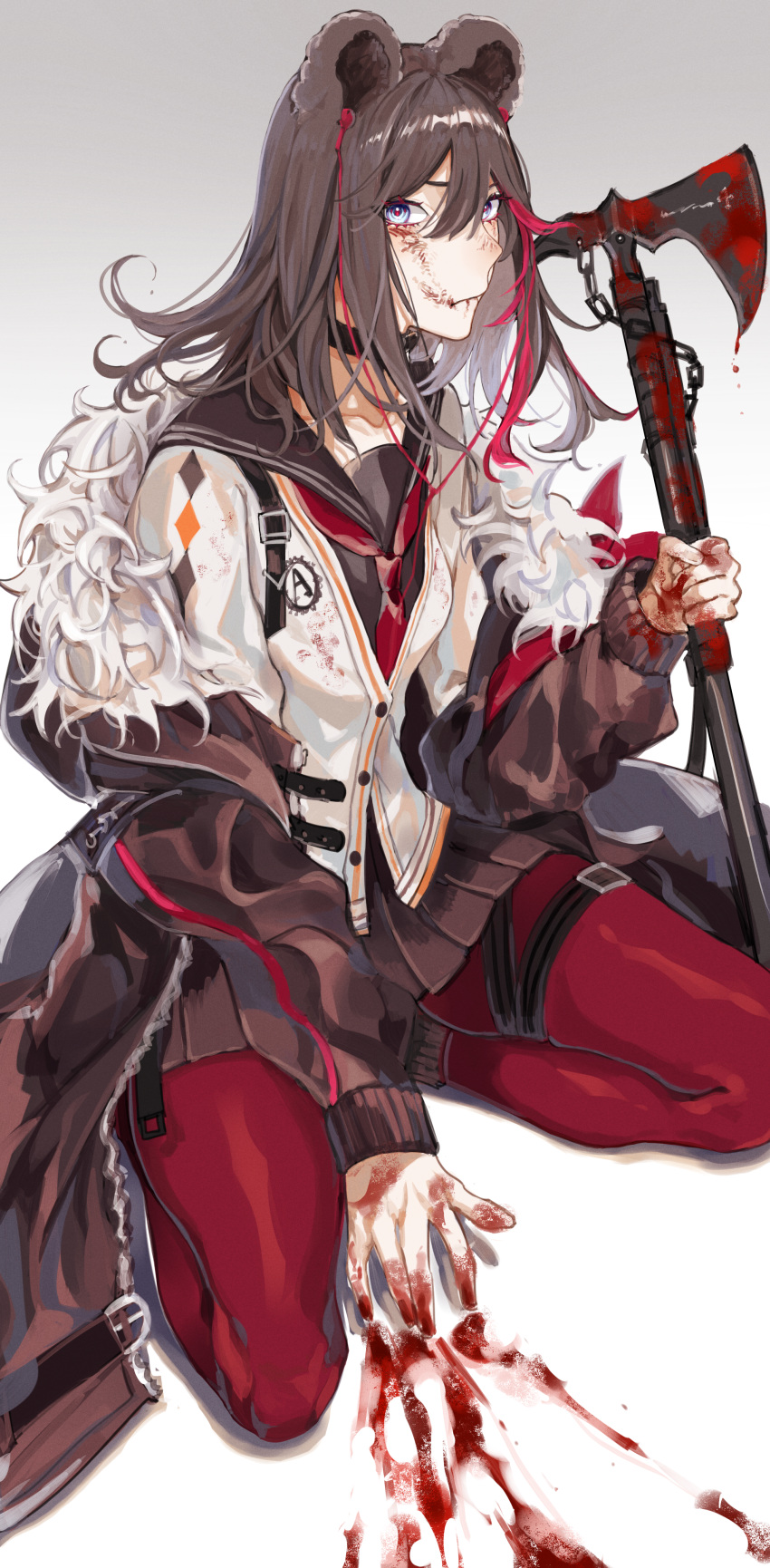 absurdres animal_ears arknights axe bear_ears black_choker blood blood_on_clothes blood_on_face blood_on_hands blood_on_weapon blood_splatter blue_eyes brown_hair brown_jacket brown_skirt cardigan chains choker curly_hair earbuds earphones female full_body fur-trimmed_jacket fur_trim gradient_background grey_background hair_between_eyes highres holding holding_axe holding_weapon jacket leather_strap looking_at_viewer multicolored_hair neckerchief necktie on_floor pantyhose pleated_skirt red_hair red_neckerchief red_necktie red_pantyhose red_pupils sailor_collar school_uniform serafuku sitting skirt solo streaked_hair two-tone_hair wariza weapon white_background zang_shih zima_(arknights)