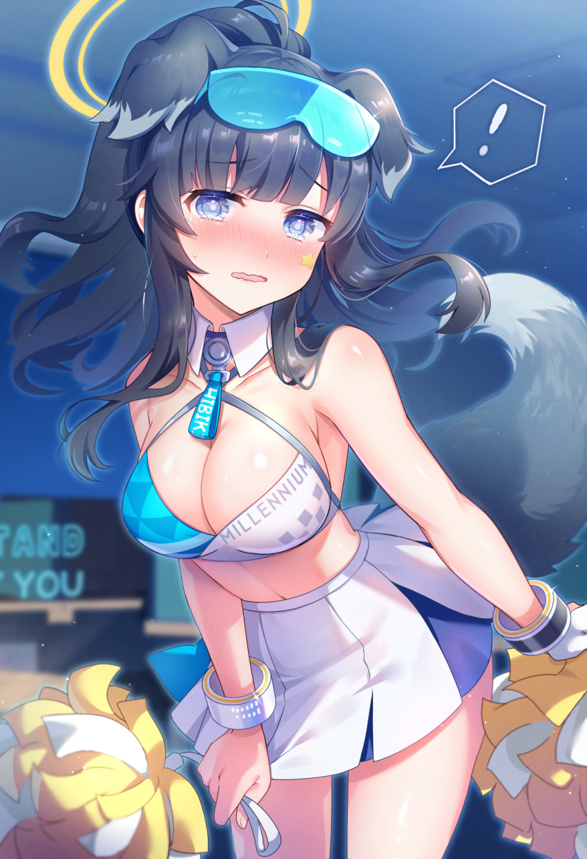 ! animal_ears bare_shoulders black_hair blue_archive blue_eyes blush breasts cheerleader cleavage cowboy_shot crop_top dog_ears dog_girl dog_tail eyewear_on_head female goggles goggles_on_head halo hibiki_(blue_archive) hibiki_(cheer_squad)_(blue_archive) highres holding holding_pom_poms large_breasts long_hair looking_at_viewer millennium_cheerleader_outfit_(blue_archive) miniskirt official_alternate_costume open_mouth pom_pom_(cheerleading) skirt solo spoken_blush spoken_exclamation_mark star_sticker sticker_on_face sunglasses tail thighhighs umishima_rinta white_skirt