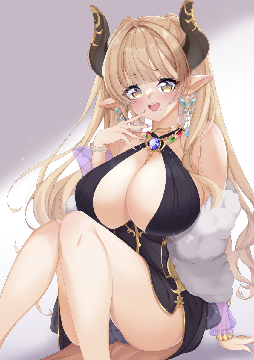 :d alba_(granblue_fantasy) black_dress black_panties blonde_hair blush bracelet breasts brooch butterfly_earrings choker draph dress earrings female granblue_fantasy highres horns iwasan_oekaki jewelry large_breasts long_hair mole mole_under_mouth nail_polish open_mouth panties pantyshot pointy_ears sitting smile solo stole thighs underwear very_long_hair yellow_eyes