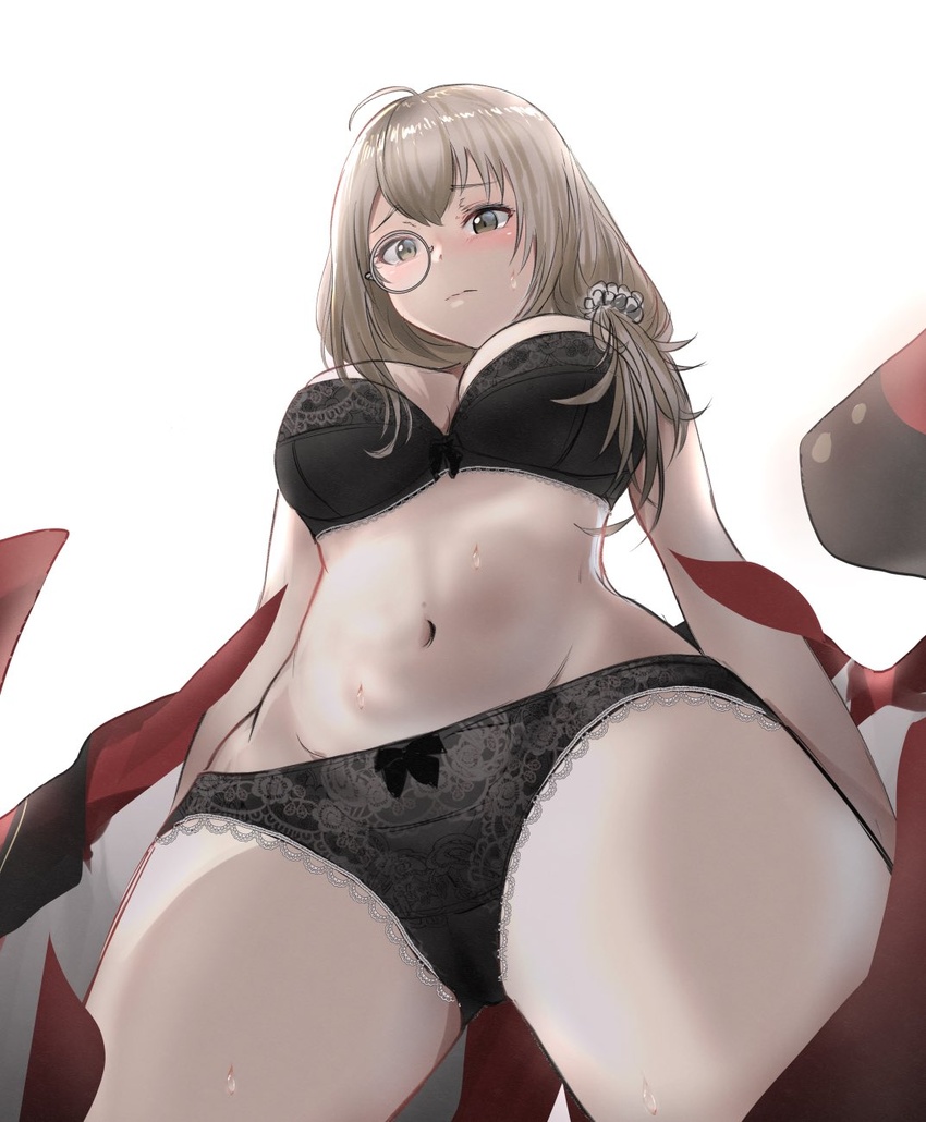 black_bra black_panties blonde_hair blush bra breasts closed_mouth commentary_request female from_below girls'_frontline grey_eyes griffin_&_kryuger_military_uniform hair_ornament hairclip helianthus_(girls'_frontline) highres long_hair looking_at_viewer looking_down medium_breasts monocle navel panties solo take_(trude1945oneetyan) underwear white_background