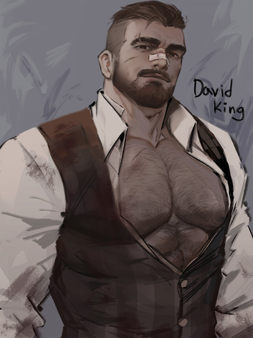 1boy abs bandaid bandaid_on_face bandaid_on_nose bara bare_pectorals beard black_eyes brown_hair chest_hair collared_shirt david_king_(dead_by_daylight) dead_by_daylight dopey_(dopq) facial_hair hairy highres jacket large_pectorals long_sleeves looking_at_viewer male_focus manly mature_male muscular muscular_male nipples partially_unbuttoned pectorals scar scar_on_face shirt short_hair sleeveless smile solo thick_arms thick_eyebrows tight_clothes unbuttoned undercut very_short_hair