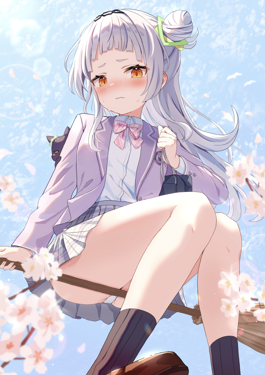 absurdres alternate_costume arched_bangs blazer blush broom broom_riding cherry_blossoms collared_shirt female foot_out_of_frame grey_hair hair_bun hairband hexagram_hair_ornament highres hololive jacket knees_together_feet_apart legs long_hair long_sleeves looking_at_viewer mei_am0 murasaki_shion panties panty_peek pleated_skirt school_uniform shirt skirt socks solo sweat thighs underwear virtual_youtuber yellow_eyes