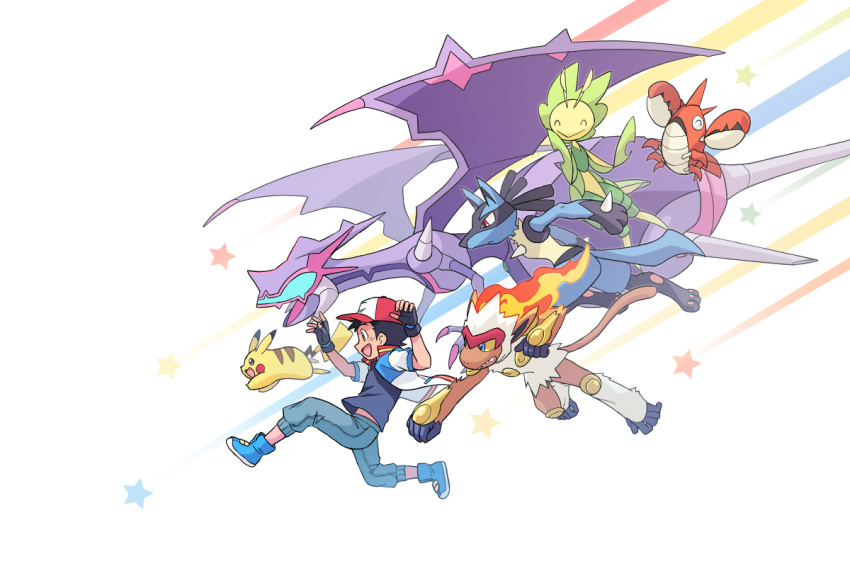 1boy :d baseball_cap black_gloves black_hair blue_footwear commentary_request corphish dododo_dadada fingerless_gloves gloves green_pants hat infernape jacket leavanny lucario male_focus naganadel open_mouth pants pikachu pokemon pokemon_(anime) pokemon_(creature) pokemon_the_movie:_the_power_of_us satoshi_(pokemon) shirt shoes short_hair short_sleeves smile star_(symbol) tongue