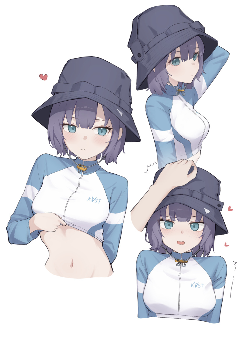 1other ^^^ black_hair black_headwear blue_archive blush breasts bucket_hat closed_mouth cropped_torso female frown gmi_(jimmyovob) green_eyes hat headpat heart highres long_sleeves looking_at_viewer medium_breasts multiple_views navel open_mouth rash_guard saki_(blue_archive) saki_(swimsuit)_(blue_archive) short_hair sidelocks simple_background upper_body white_background