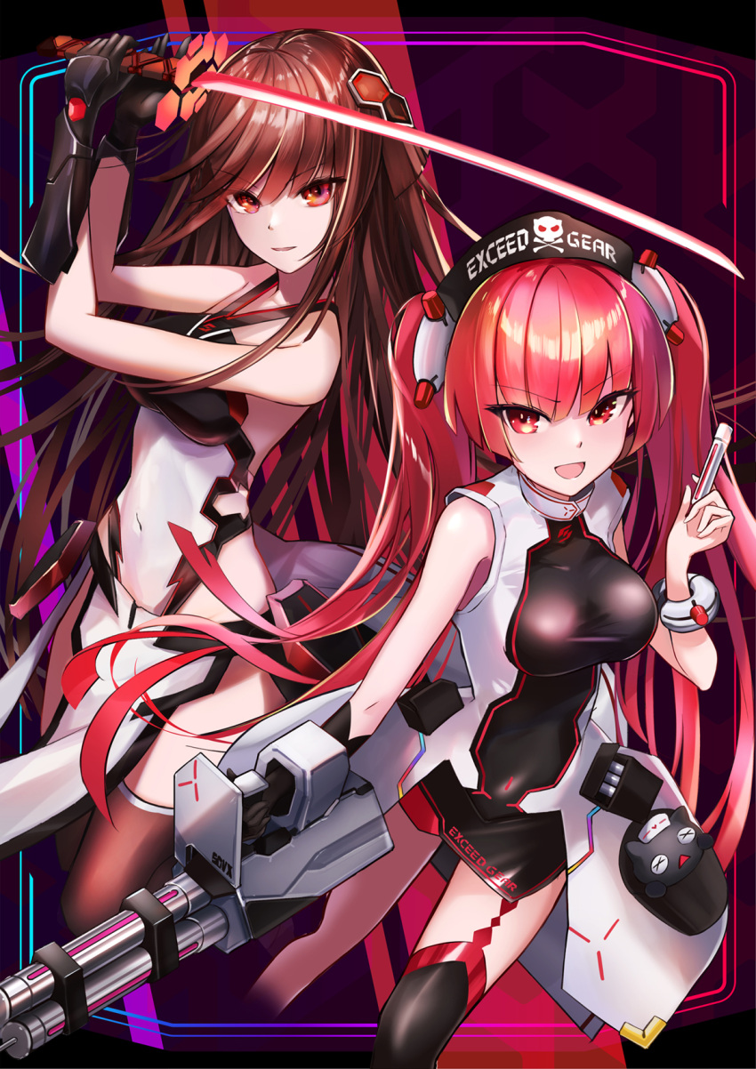 2girls :d black_dress black_gloves black_thighhighs blunt_bangs breasts brown_hair copyright_request covered_navel cropped_legs dress garter_straps gloves headgear highres holding holding_sword holding_weapon katana kie_(yospcd) konoha_(sound_voltex) kureha_(sound_voltex) leotard long_hair looking_at_viewer medium_breasts multiple_girls red_eyes red_hair short_dress single_glove single_thighhigh skin_tight sleeveless sleeveless_dress smile sound_voltex standing sword thighhighs twintails very_long_hair weapon white_leotard