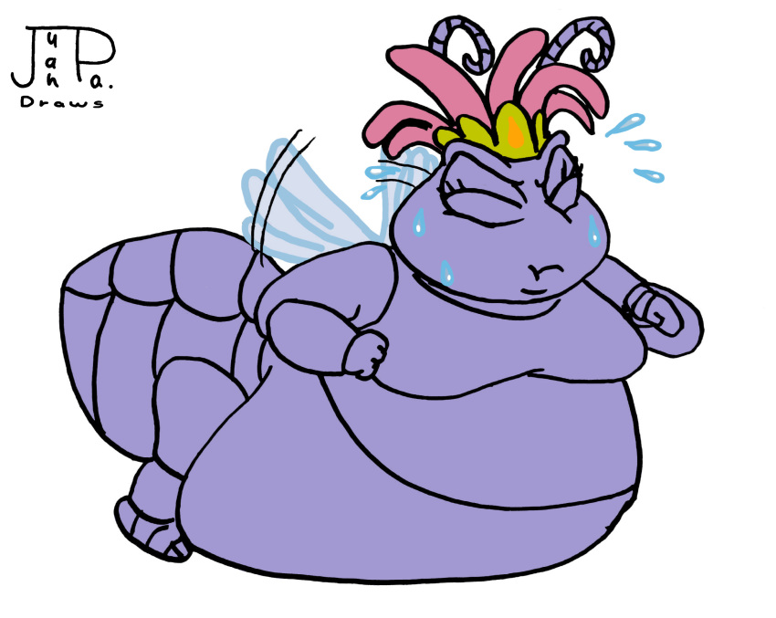 2021 a_bug's_life ant antennae_(anatomy) arthropod bodily_fluids closed_eyes disney female fist flower_hair_accessory hi_res hymenopteran insect_wings insects juanpadraws mouth_closed obese overweight pixar princess_atta purple_body purple_skin signature simple_background solo sweat trying_to_fly weight_gain white_background wings