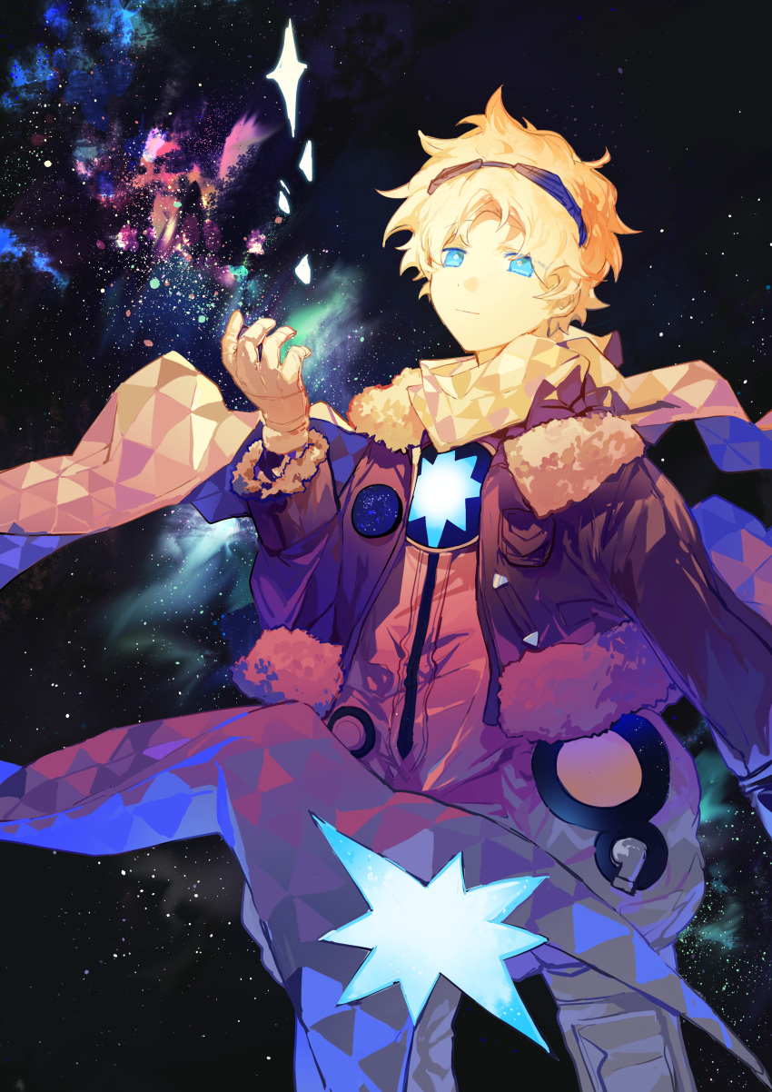 1boy absurdres blonde_hair blue_eyes c-i fate/grand_order fate/requiem fate_(series) fur-trimmed_jacket fur_trim gloves goggles goggles_on_head highres jacket leather leather_jacket male_focus nebula sky solo space star_(sky) starry_sky voyager_(fate) voyager_(third_ascension)_(fate)