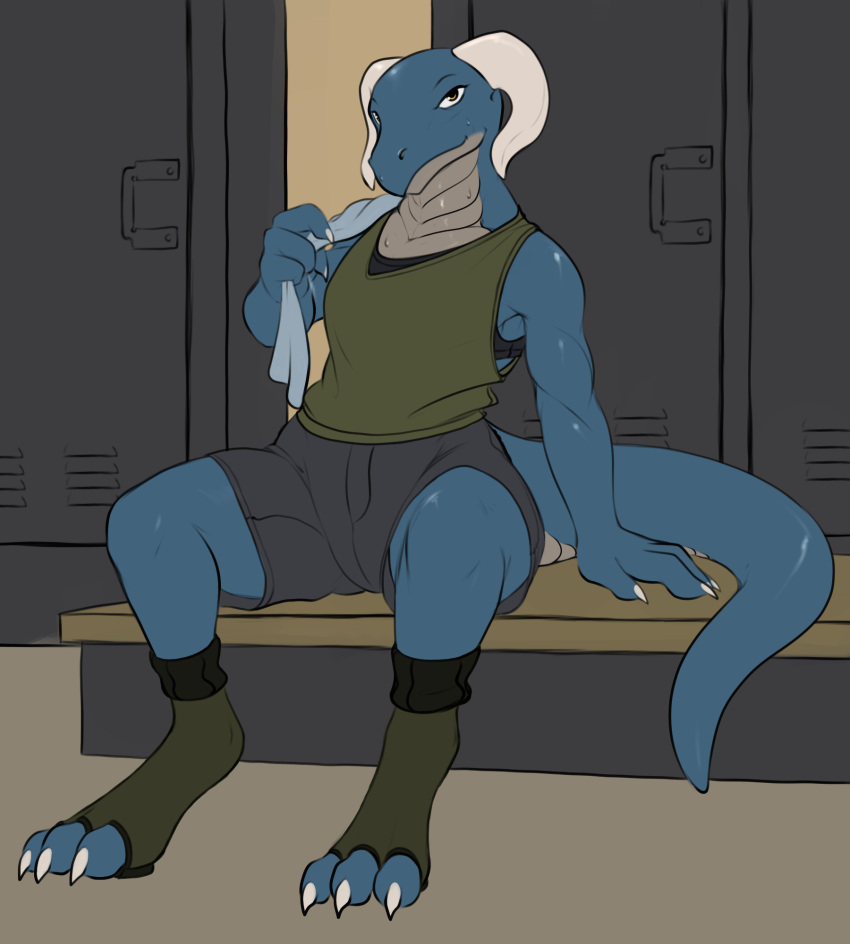 anthro athletic athletic_wear avrielle belly_scales blue_body blue_scales bodily_fluids claws clothing digitigrade exposure_variation female finger_claws flat_chested footwear hi_res horn locker_bench locker_room protatypo reptile scales scalie sitting solo sweat toe_claws towel towel_on_shoulder